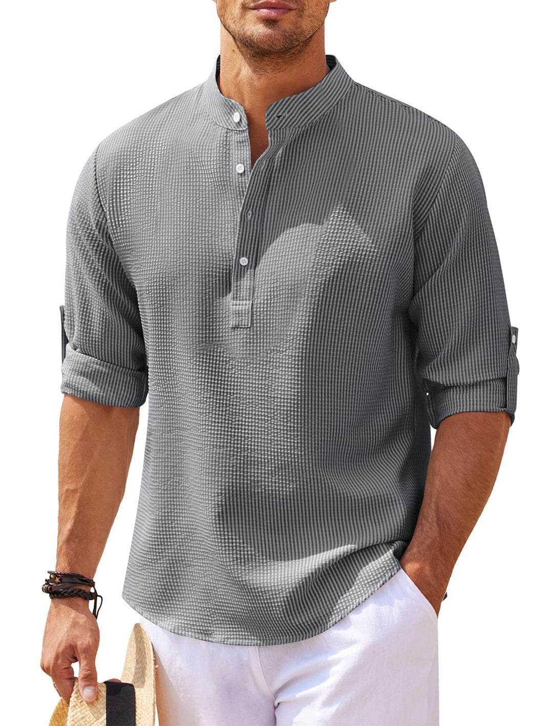 Men’s Casual Stand Collar Shirt – Long Sleeve, Solid Color, Lightweight