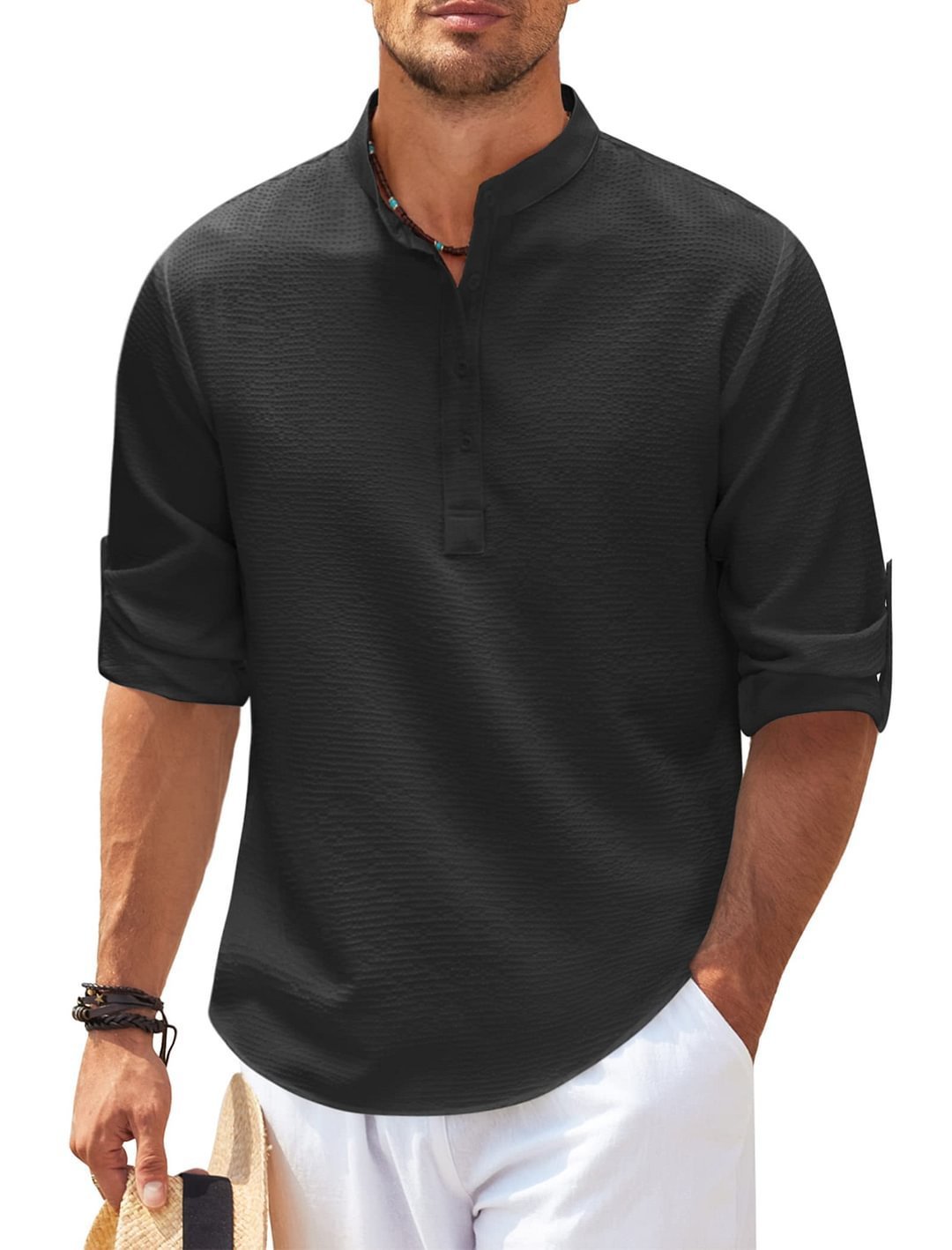 Men’s Casual Stand Collar Shirt – Long Sleeve, Solid Color, Lightweight