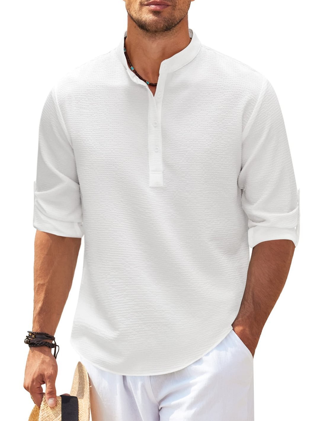 Men’s Casual Stand Collar Shirt – Long Sleeve, Solid Color, Lightweight