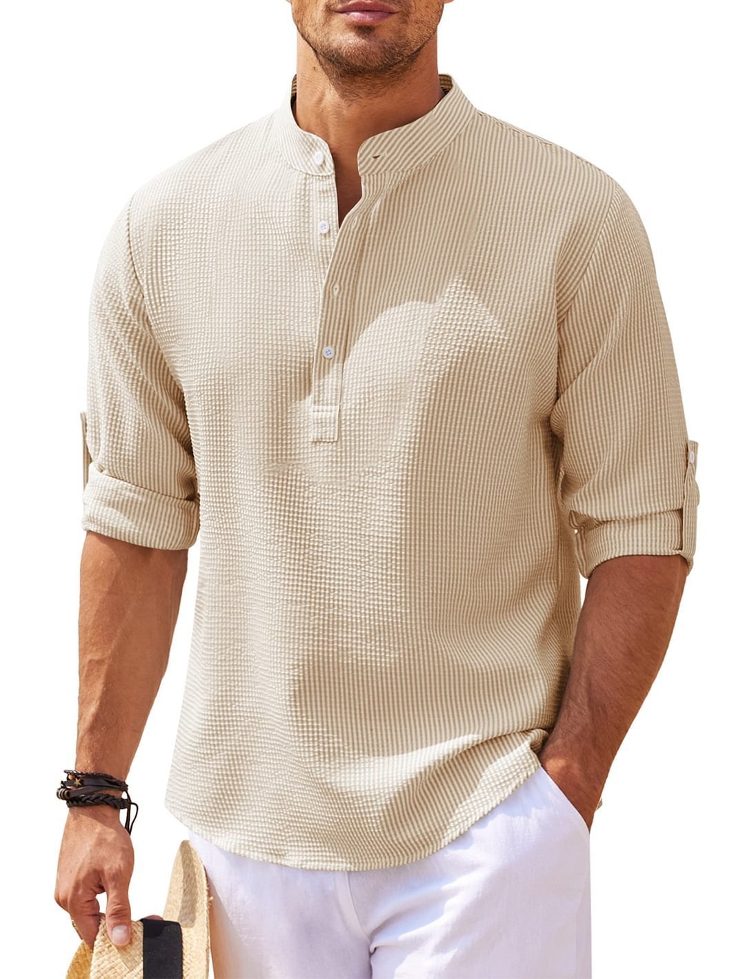 Men’s Casual Stand Collar Shirt – Long Sleeve, Solid Color, Lightweight