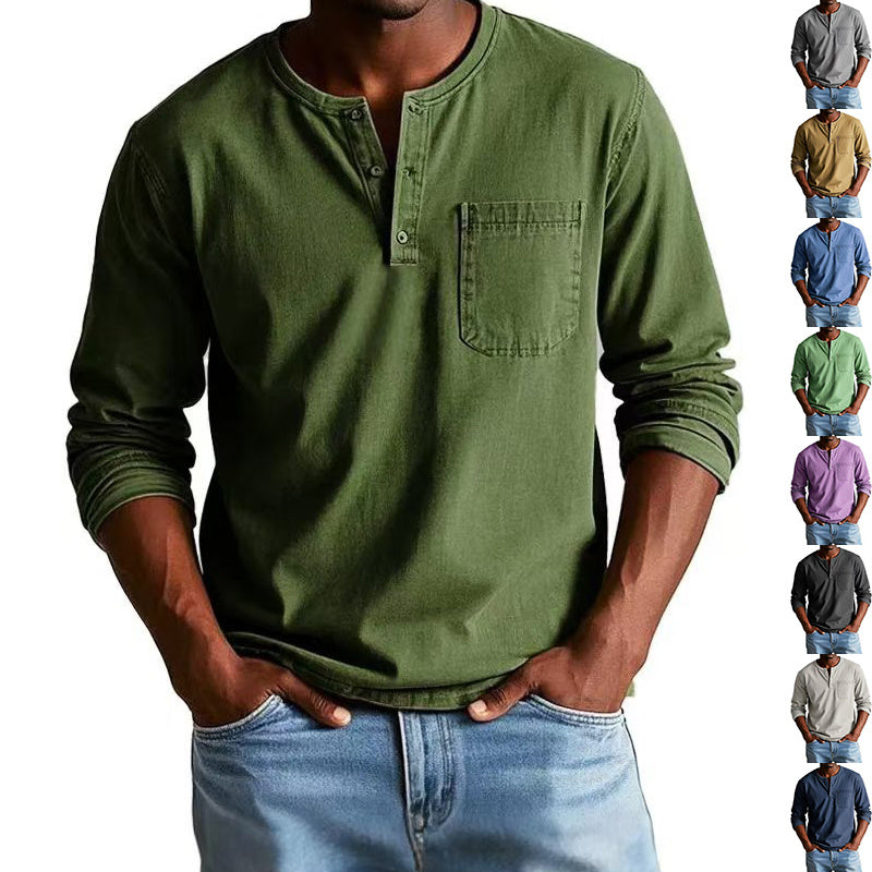 Men’s V-Neck Long Sleeve Pullover with Button Detail – Casual Solid Color Top