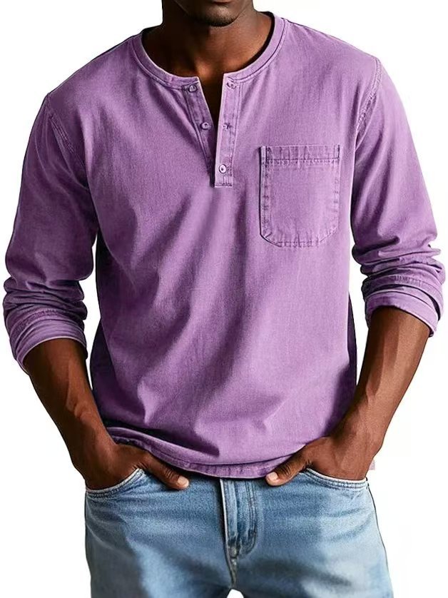 Men’s V-Neck Long Sleeve Pullover with Button Detail – Casual Solid Color Top