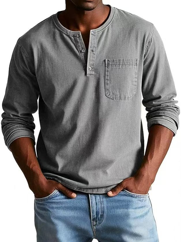 Men’s V-Neck Long Sleeve Pullover with Button Detail – Casual Solid Color Top