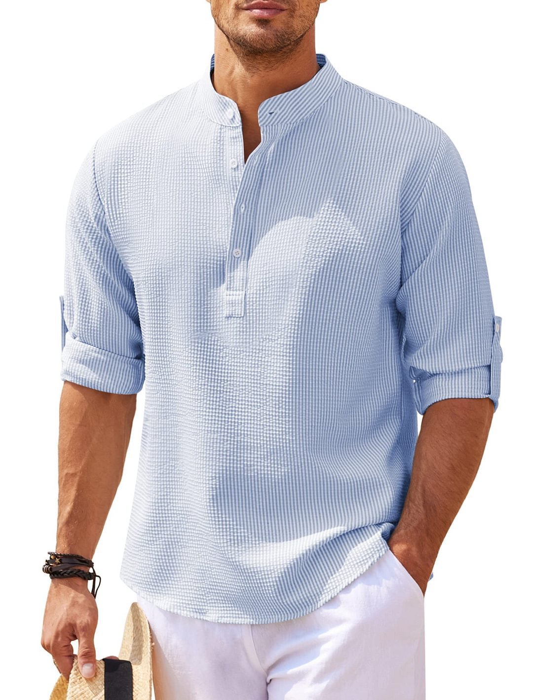 Men’s Casual Stand Collar Shirt – Long Sleeve, Solid Color, Lightweight