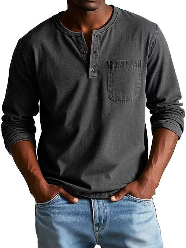 Men’s V-Neck Long Sleeve Pullover with Button Detail – Casual Solid Color Top