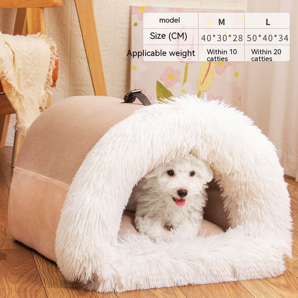 Portable Warm Pet Nest – Soft Long Fur Bed for Cats & Dogs, Moisture-Proof & Cozy for Autumn/Winter