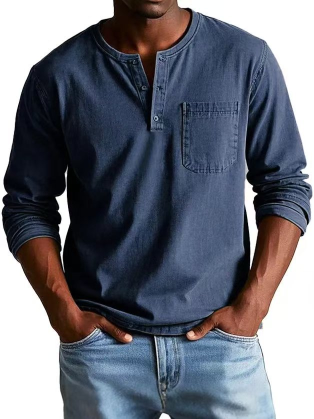 Men’s V-Neck Long Sleeve Pullover with Button Detail – Casual Solid Color Top