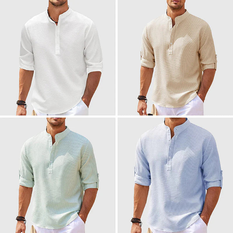 Men’s Casual Stand Collar Shirt – Long Sleeve, Solid Color, Lightweight