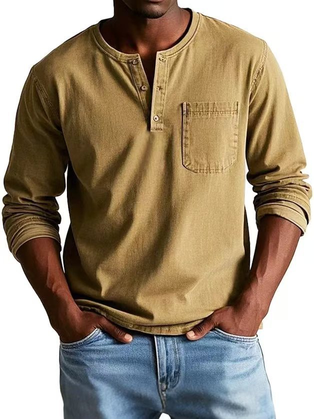 Men’s V-Neck Long Sleeve Pullover with Button Detail – Casual Solid Color Top