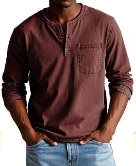 Men’s V-Neck Long Sleeve Pullover with Button Detail – Casual Solid Color Top