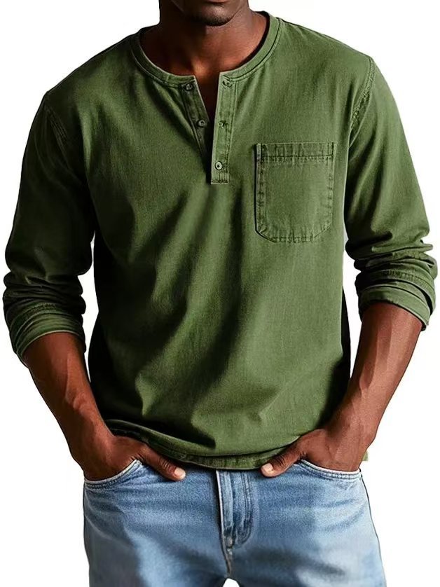 Men’s V-Neck Long Sleeve Pullover with Button Detail – Casual Solid Color Top