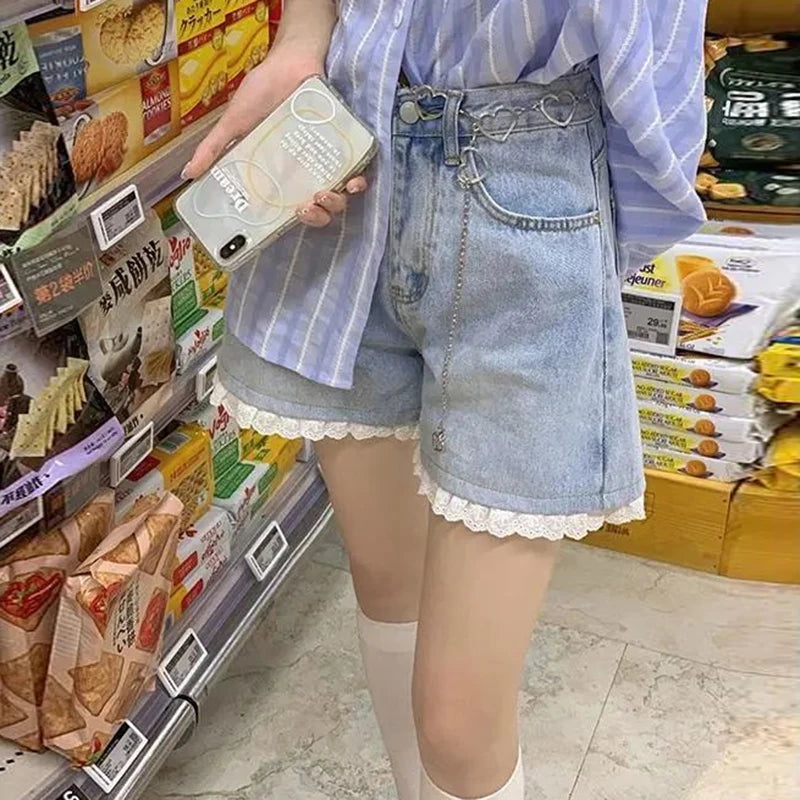 High-Waisted Lace Trim Denim Shorts – Cute Korean Style for Everyday Comfort & Style