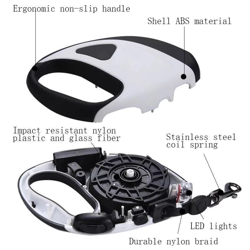 Retractable LED Dog Leash – 3M/5M Automatic Extendable Fiber Rope Pet Leash for Walking with Handheld Grip