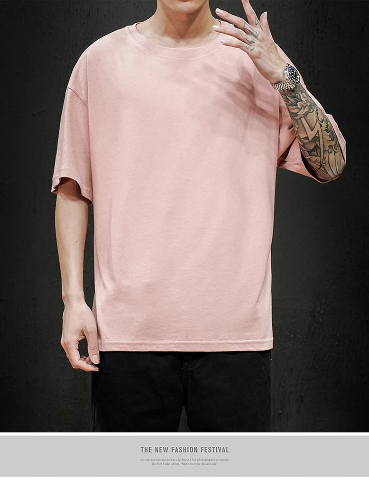 Men’s Oversized Hip-Hop T-Shirt – Summer Solid Color Streetwear Cotton Tee, Casual Short Sleeve Fashion Top