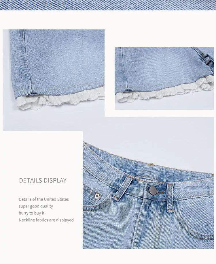 High-Waisted Lace Trim Denim Shorts – Cute Korean Style for Everyday Comfort & Style