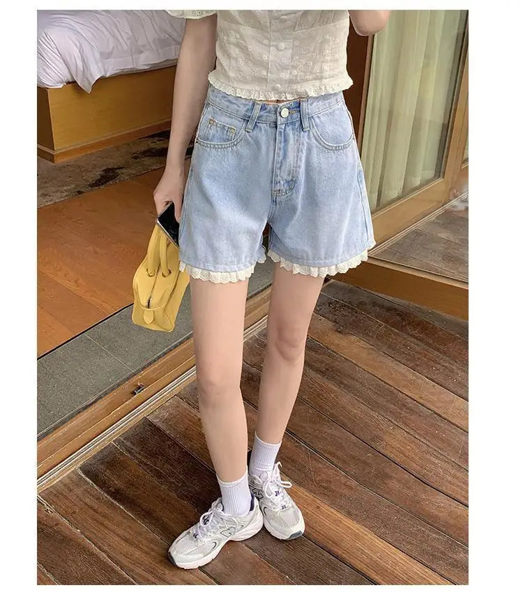 High-Waisted Lace Trim Denim Shorts – Cute Korean Style for Everyday Comfort & Style
