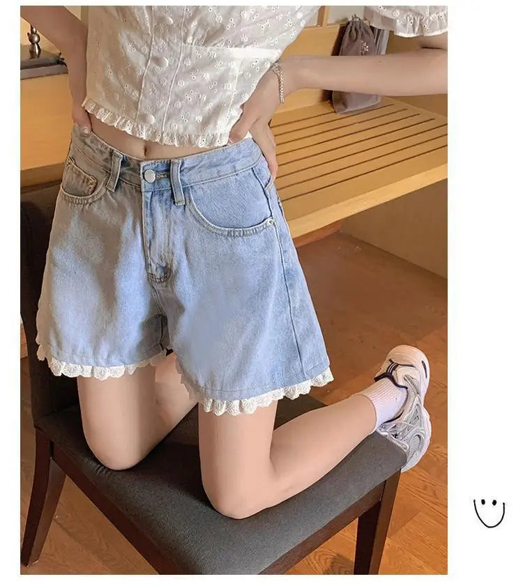 High-Waisted Lace Trim Denim Shorts – Cute Korean Style for Everyday Comfort & Style