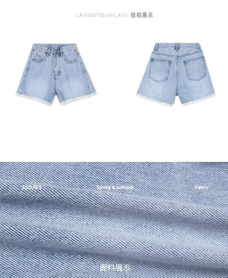 High-Waisted Lace Trim Denim Shorts – Cute Korean Style for Everyday Comfort & Style