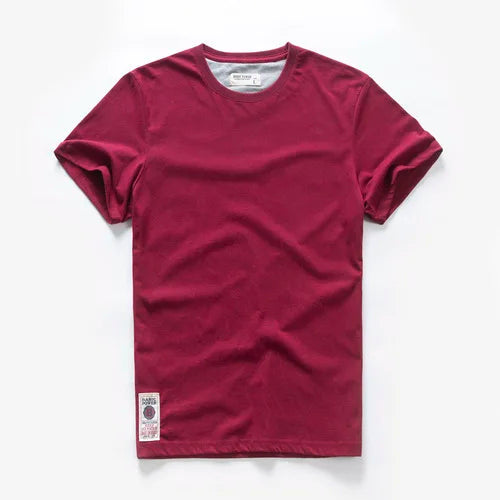 New Men's Cotton Solid Color Short Sleeve T-Shirt – Multi Pure Colors, Fancy Yarn Fabric in Wine, White, and Blue
