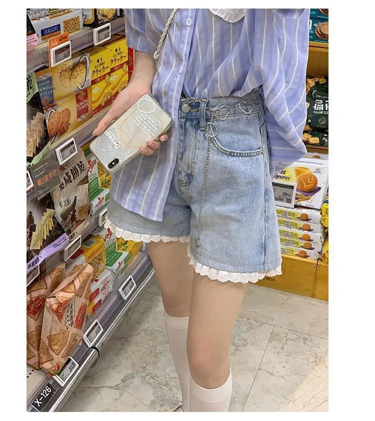 High-Waisted Lace Trim Denim Shorts – Cute Korean Style for Everyday Comfort & Style