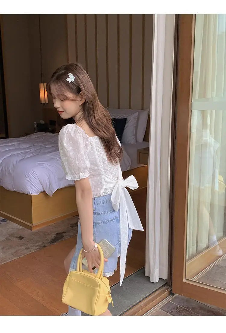 High-Waisted Lace Trim Denim Shorts – Cute Korean Style for Everyday Comfort & Style