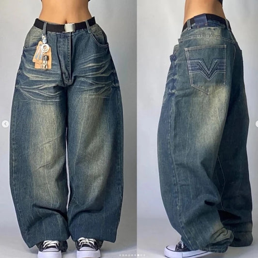 2024 Retro Y2K High-Waisted Straight-Leg Baggy Jeans for Women – Harajuku Street Style Washed Denim with Pockets