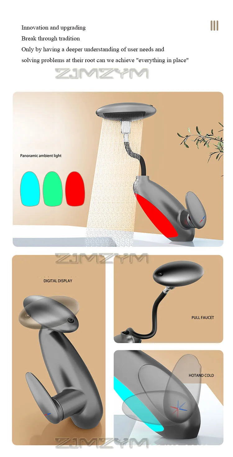 360° Rotating LED Basin Faucet with 4 Water Modes, Pull-Out Spout & Temperature Sensor – Drip-Free Hot & Cold Mixer Tap