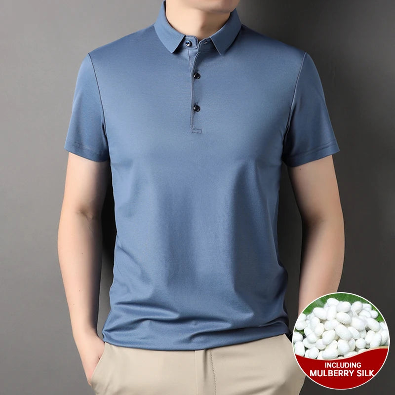 Luxury Summer Men’s Polo Shirt – Premium Plain Design with 4.7% Mulberry Silk, Short Sleeve, Lightweight Casual Fashion Top