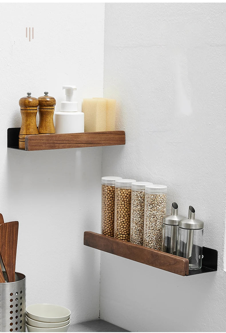 No-Drill Wall-Mounted Solid Wood Corner Bathroom Shelf — Shower Storage Rack and Toilet Shampoo Holder