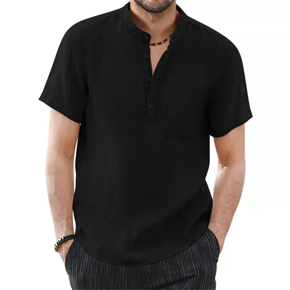 Men’s Casual Short Sleeve Cotton-Linen T-Shirt – Solid Color, Breathable and Comfortable Summer Shirt