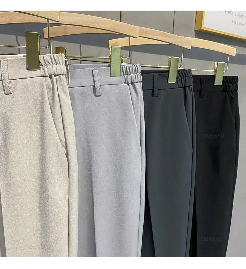 2025 Spring-Summer Men's Slim Fit Casual Business Jogger Pants with Elastic Waist, Available in Plus Sizes 40 and 42, Black