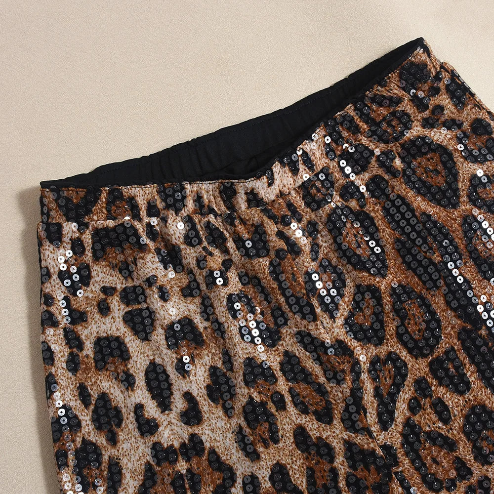 Women's Leopard Print Sequin Shorts – Sexy Knee-Length Clubwear, Slim Fit Party Pants for Evening & Street Style 