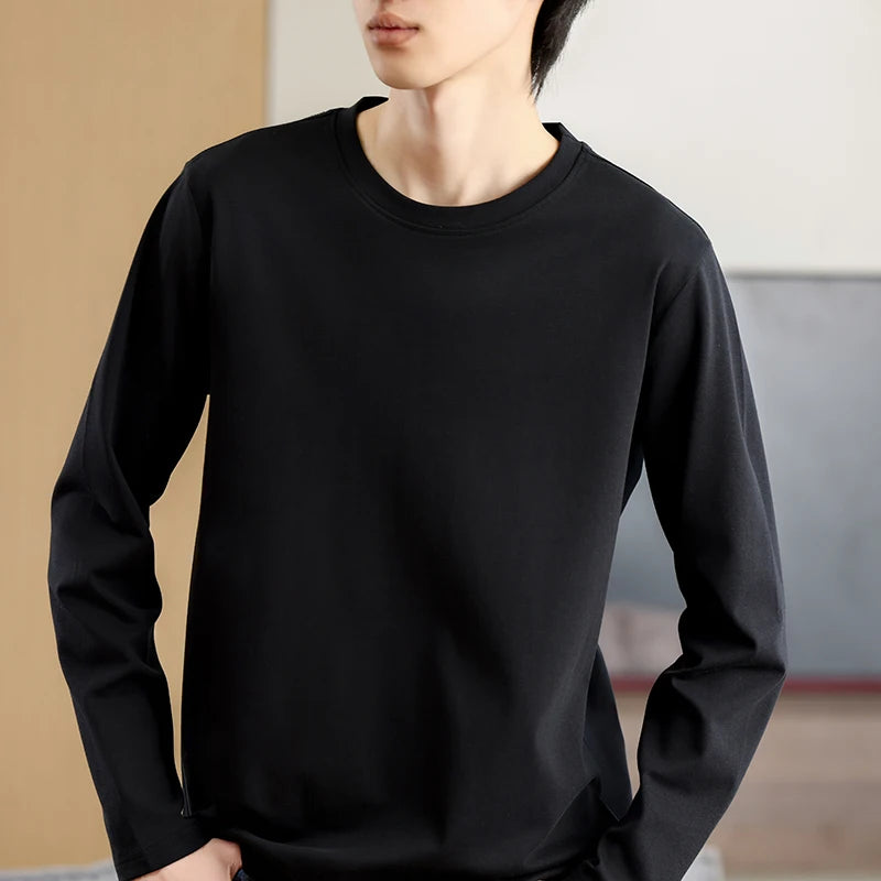 Men's Summer Long Sleeve T-shirt – Solid Color, Round Neck, Casual Style, Made from Mercerized Cotton