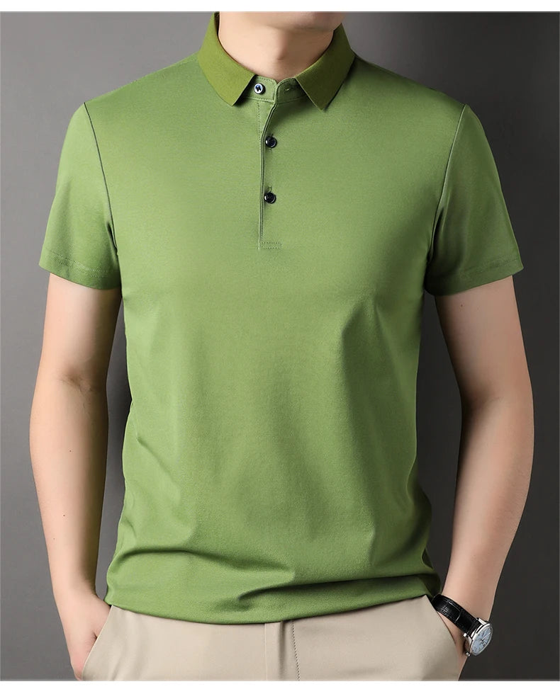 Luxury Summer Men’s Polo Shirt – Premium Plain Design with 4.7% Mulberry Silk, Short Sleeve, Lightweight Casual Fashion Top