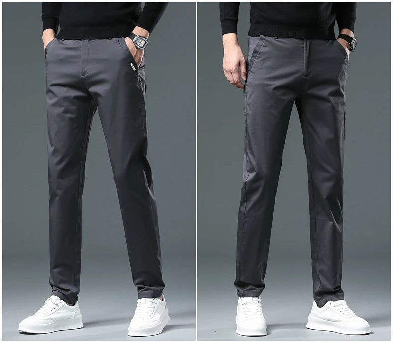 Men’s Classic Straight-Leg Cotton Trousers – 98% Cotton, Breathable Business Casual Pants with Elastic Comfort – Ideal for Spring & Summer