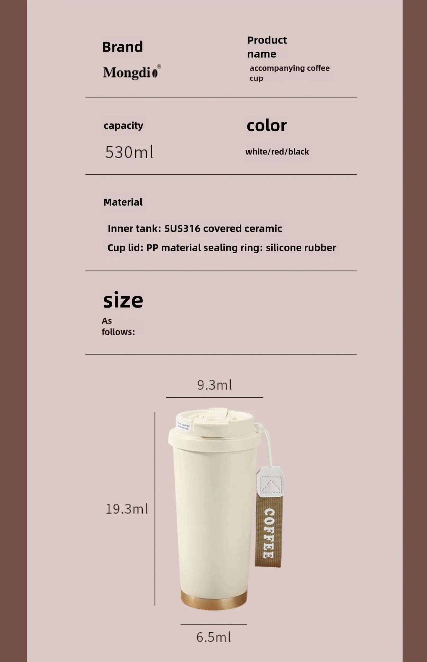 530ml Travel Coffee Mug – Reusable with Seal Lid, Stainless Steel & Ceramic Liner, Perfect for On-the-Go Coffee