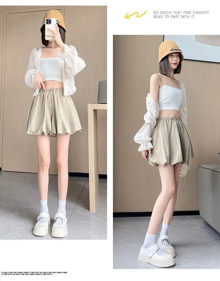 Women's High-Waist Lantern Shorts – Casual Summer Streetwear with Pockets, Relaxed Fit for Students, Youth, and Everyday Wear