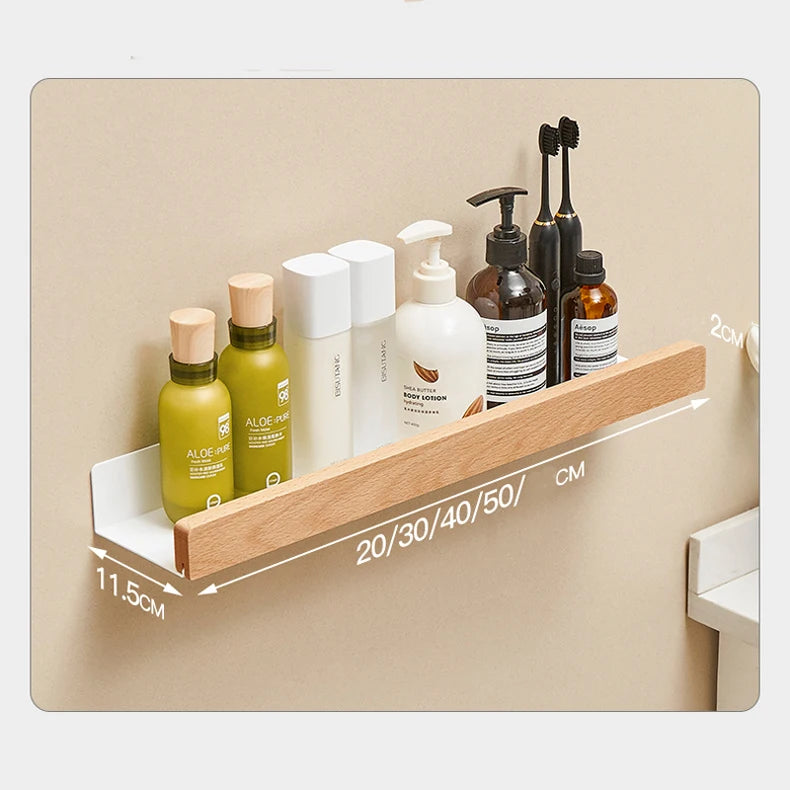 No-Drill Wall-Mounted Solid Wood Corner Bathroom Shelf — Shower Storage Rack and Toilet Shampoo Holder