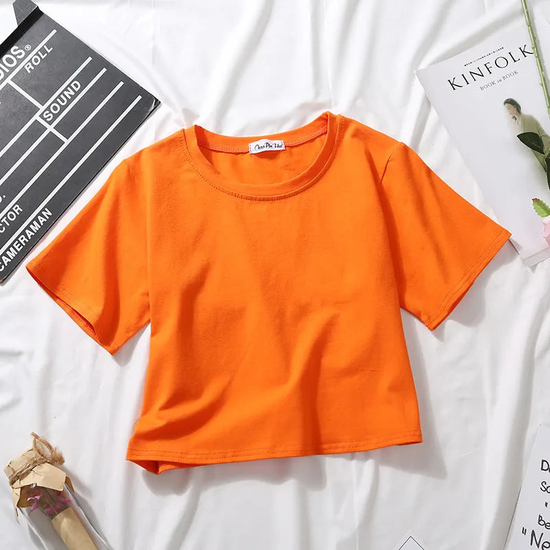 Women’s Summer Casual Cotton Short Sleeve Crop Top – Solid Color O-Neck Loose Fit T-ShirtT