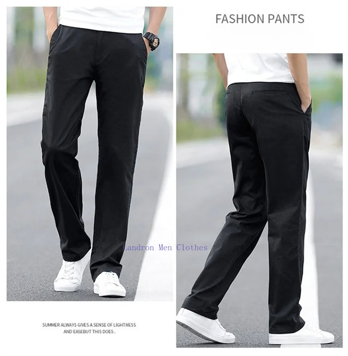 Men's Summer Lightweight Stretch Chino Pants – Loose Fit Cotton Trousers in Khaki, Blue, and Black – Plus Sizes 42 & 44