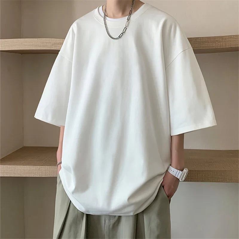 Men’s Summer Cotton T-Shirts – Solid Color, Loose Fit, Casual Short Sleeve Tops in White, Blue – Fashionable Plus Size Tees up to 5XL