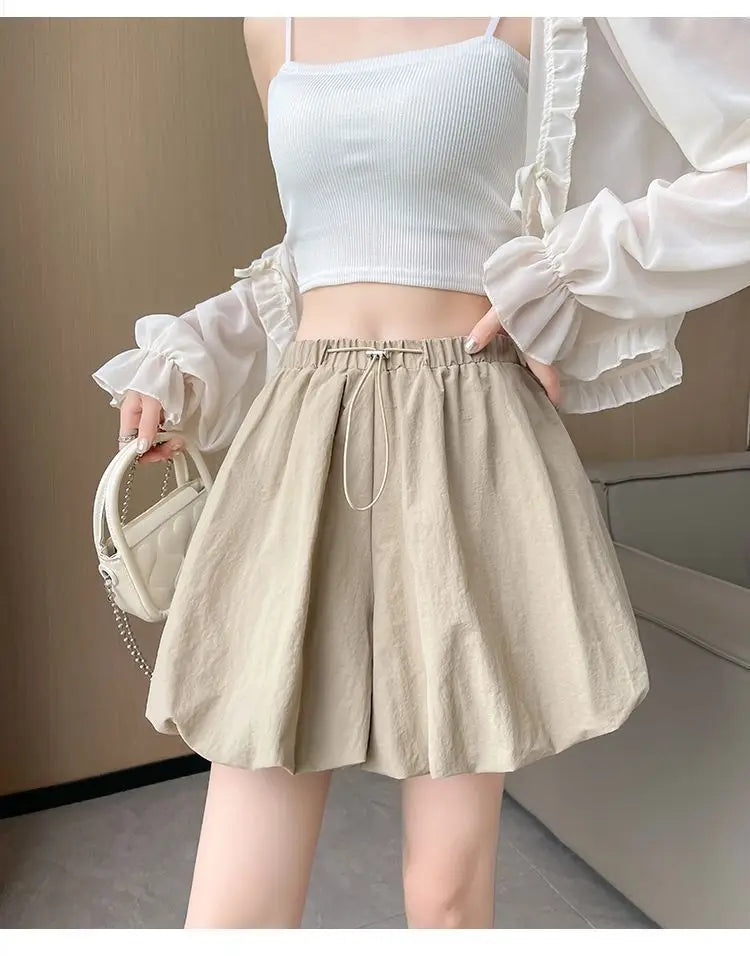 Women's High-Waist Lantern Shorts – Casual Summer Streetwear with Pockets, Relaxed Fit for Students, Youth, and Everyday Wear