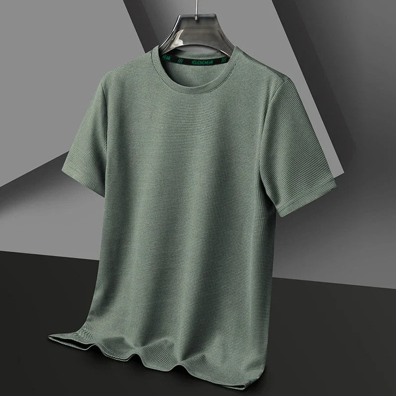 Men’s Summer Casual Waffle O-Neck Short Sleeve T-Shirt – Breathable Solid Color Fashion Tee