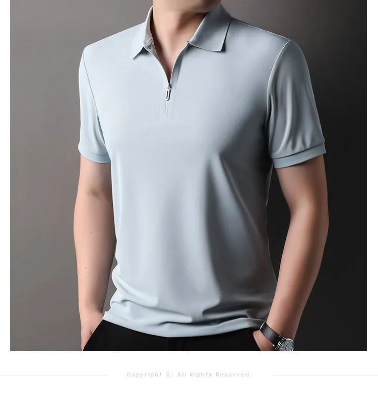 Men’s Slim Fit Half-Zip Polo Shirt – Light Beige Stretch Cotton Casual Top with Classic Collar