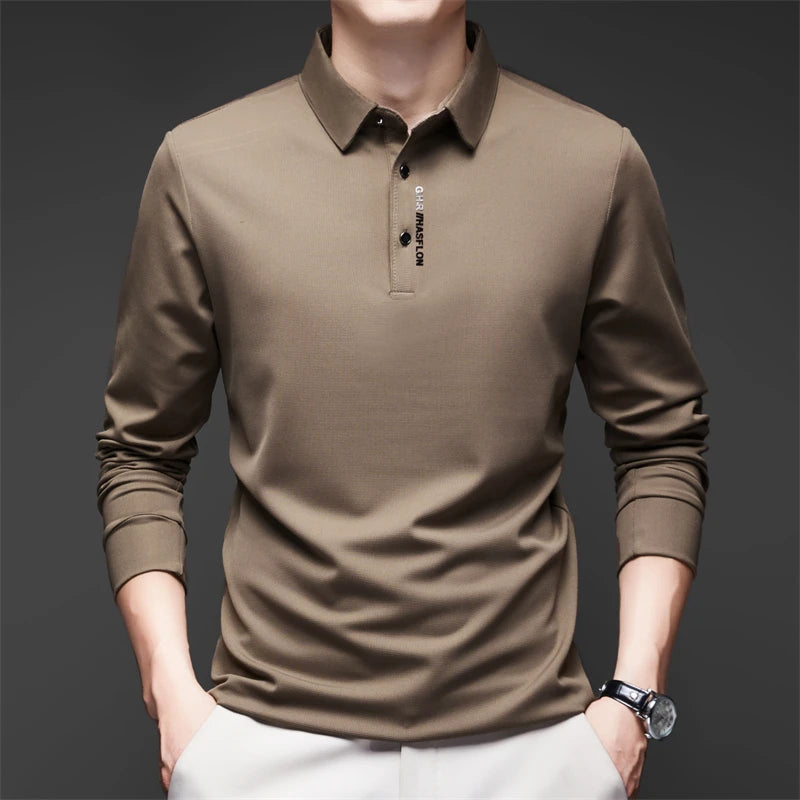 Men's Long Sleeve Polo Shirt – Solid Color, Business Casual, Stylish & Breathable Shirt with Badge Design