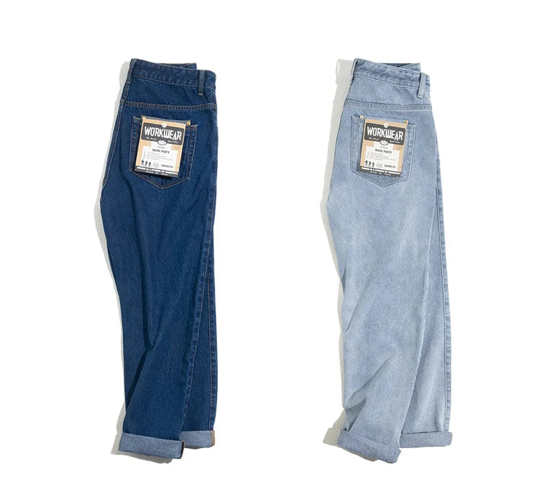 Maden Retro Washed Denim Jeans for Men – 12.8oz Loose Straight Baggy Fit, Oversized Fashion Pants in 2 Colors (Sizes 28–38)