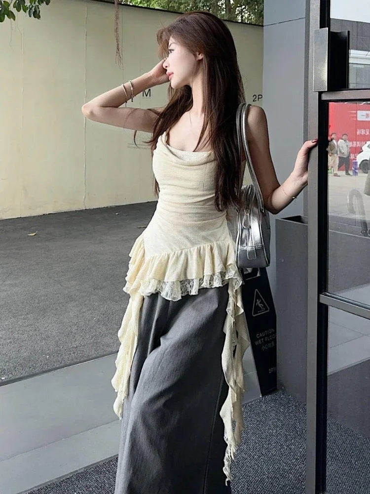 Y2K Aesthetic Lace Patchwork Ruffle Tank Top for Women – Harajuku Streetwear Irregular Pleated Bodycon Camisole