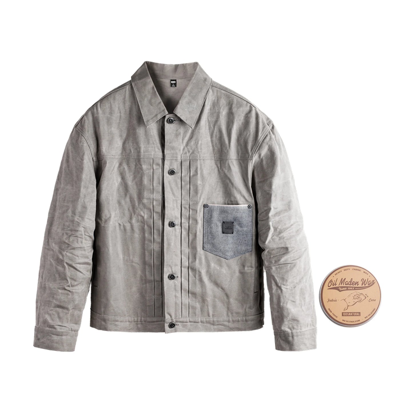 Maden Men's Vintage Grey Canvas Oil-Waxed Waterproof Hunting Jacket with Double Pleats and Patch Pockets for Autumn