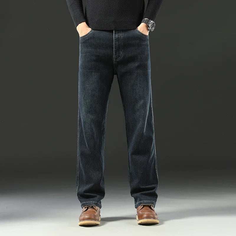 2025 Spring Men's High-Waist Spliced Washed Denim Jeans – Loose Straight Fit Stretch Cotton Blend Casual Brand Trousers 
