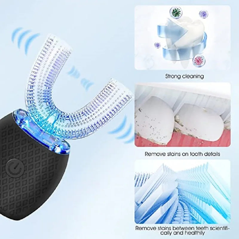 360° U-Shaped Sonic Electric Toothbrush – Hands-Free Silicone Auto Brush with Blue Light Whitening Technology
